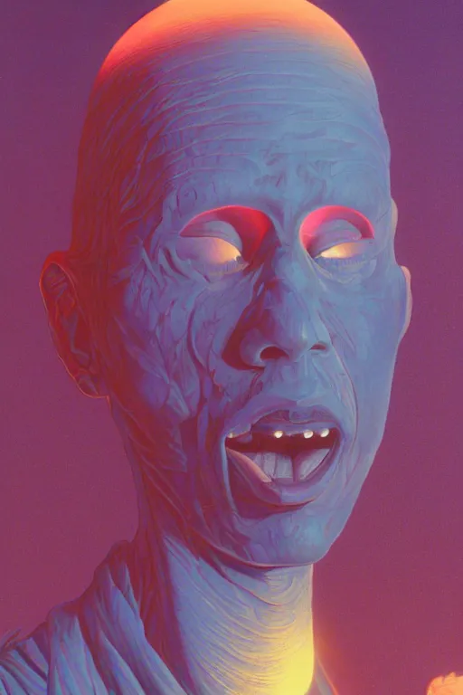 Image similar to a scifi closeup portrait of a young british man licking a blotter paper of LSD acid on his tongue and dreaming psychedelic hallucinations in cosmos, by kawase hasui, moebius, Edward Hopper and James Gilleard, Zdzislaw Beksinski, Steven Outram colorful flat surreal design, hd, 8k, artstation