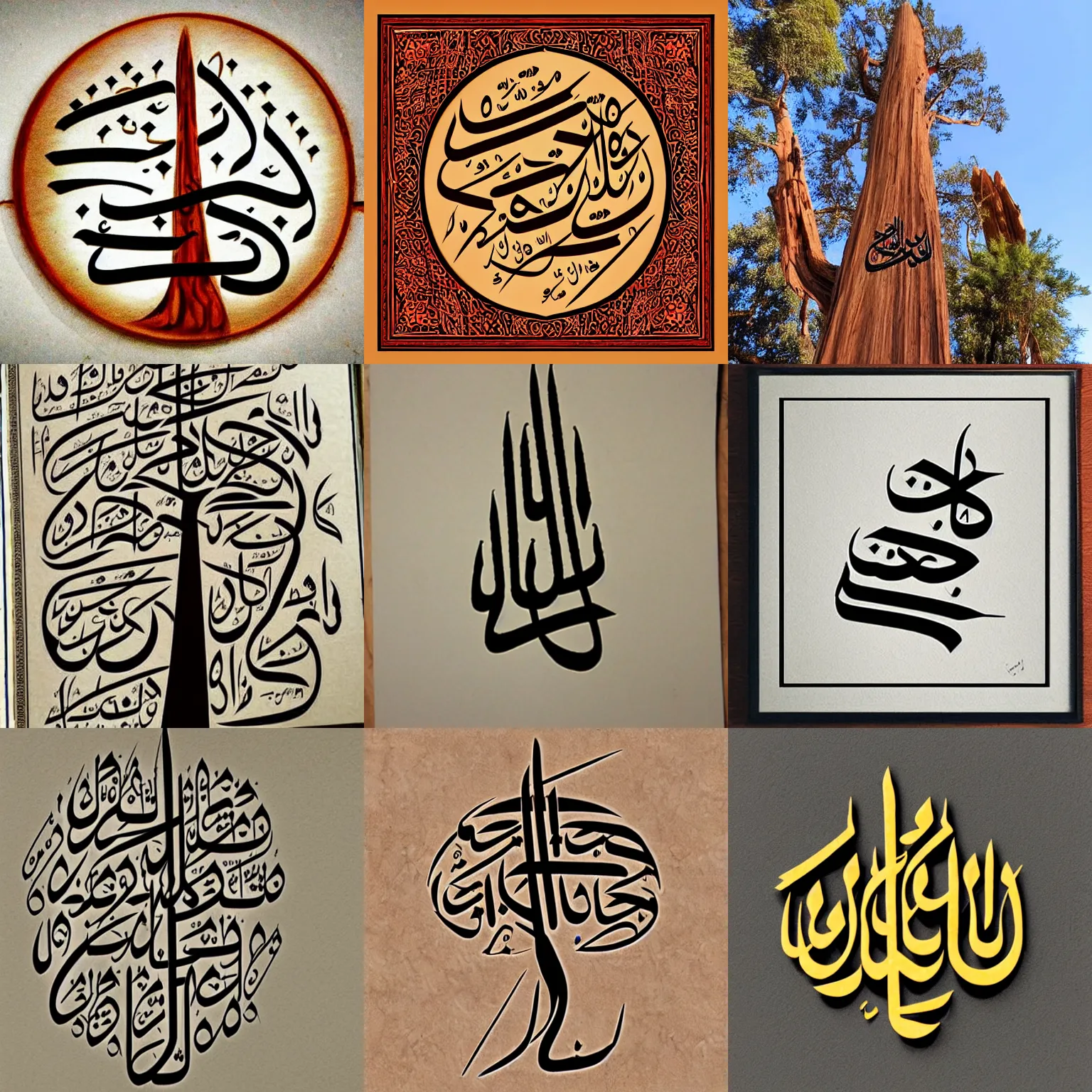 Prompt: arabic calligraphy in the shape of a redwood tree
