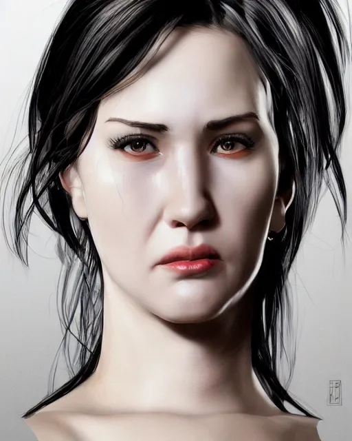 Prompt: portrait of a tall 4 0 - year - old woman with thin lips, heavy - lidded eyes, a strong jaw and long, thick shining black hair, thick eyebrows and long eyelashes, wearing in black clothes, hyper realistic face, beautiful eyes, character art, art by mark brooks, hyperdetailed, cryengine, trending on artstation, digital art