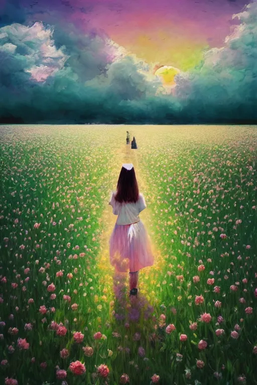 Image similar to giant white flower head, girl walking in a flower field, surreal photography, sunrise, dramatic light, impressionist painting, colorful clouds, digital painting, artstation, simon stalenhag