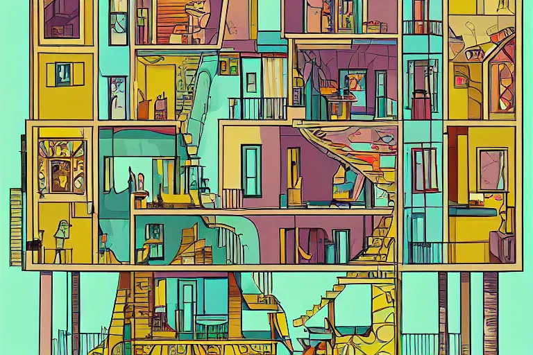 Image similar to a beautiful flat 2 dimensional illustration of a cross section of a house, a storybook illustration by muti and tim biskup, colorful, minimalism, featured on dribble, unique architecture, behance hd, storybook illustration, dynamic composition