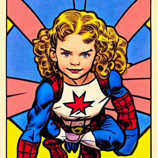 Prompt: a little girl with a mischievous face and light brown curly wavy hair and blue eyes. she is dressed as captain america, spider - man, batman, captain marvel, a superhero. well composed, clean elegant painting, beautiful detailed face. comic book art by steve ditko and jack kirby and ( alphonse mucha )