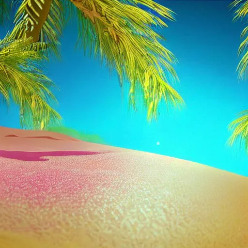 Prompt: realistic illustration of an oasis in a desert. Hot yellow sand with cyan water with white lines of refraction. Palm trees surround the oasis. Pink blocks are rising out of the water in a row leading from near to far, with vines hanging off them