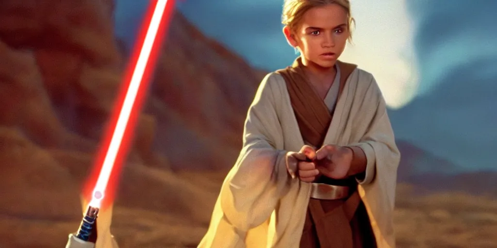 Image similar to !dream A full color still of a young blonde Jedi padawan holding a lightsaber hilt, at dusk!!!, at golden hour!!!, from The Phantom Menace, directed by Steven Spielberg, 1990