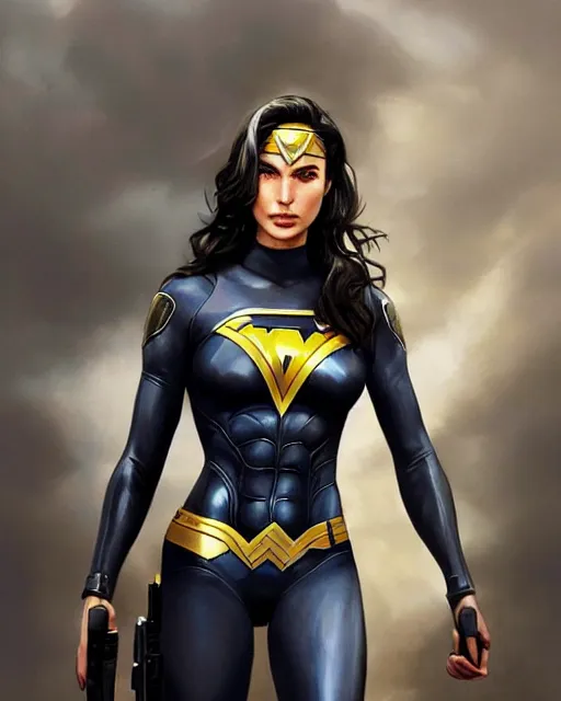 Image similar to hyper realistic painting of gal gadot in a police uniform, hyper detailed, anime, by clay mann, trending on artstation