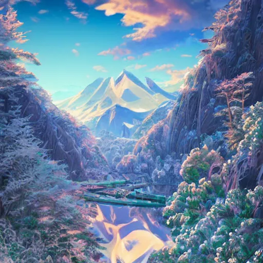 Image similar to the aesthetic view of the beautiful, grand, wistful, dreamy snowcapped mountain at dusk, hyperrealistic anime illustration by iralki nadar, colorful, extremely detailed, intricate linework, super sharp focus, bright colors, octopath traveler, studio ghibli, unreal engine 5 highly rendered, global illumination, radiant light, detailed and intricate environment