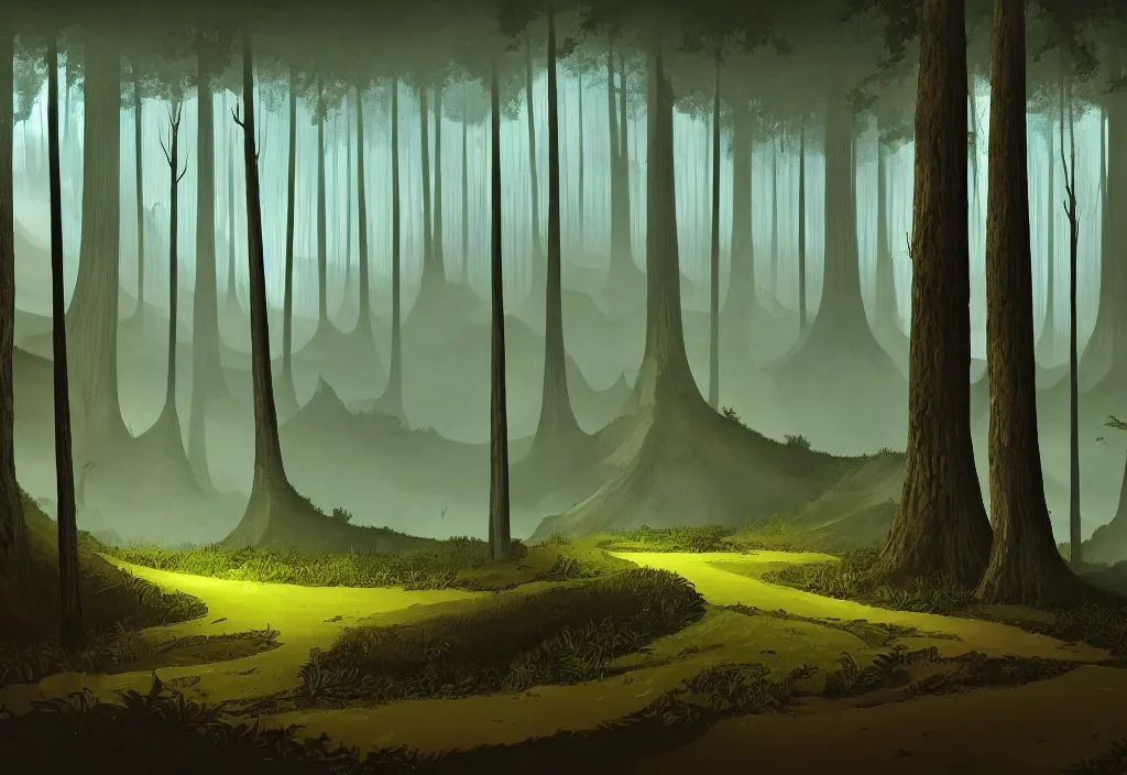 Image similar to blurry view of the background of a forest that has an endless pit in the bottom of the image, stylised painting, visible brush strokes, forest, medieval architecture, dynamic lighting, aesthetics, smooth, d & d, fantasy, asymmetrical, intricate, elegant, matte painting, illustration