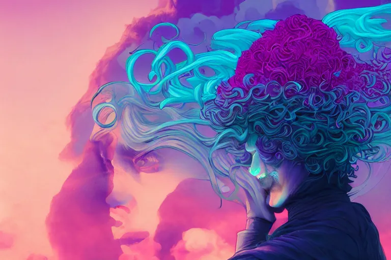 Image similar to cell shaded, muted vaporwave ombre. double exposure, druid of creativity, flowing hair, beautiful character fashion design, by josan gonzalez, shag, nagel, and paul lehr and david heskin and seb mckinnon and jared s. merantz and alex grey, hi - fructose, 8 k, digital matte painting