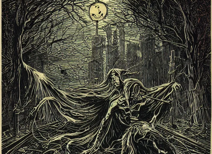 Image similar to two tone woodcut print, halloween ghost in graveyard at midnight by greg rutkowski, fine details, highly detailed