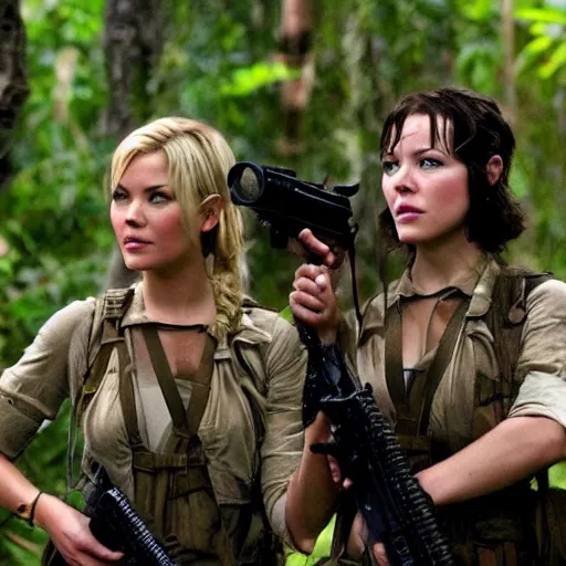 Prompt: elisha cuthbert and mary elizabeth winstead as a commandos in a jungle battlefield