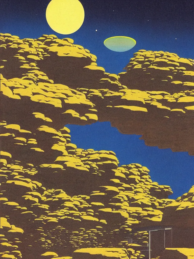 Prompt: a psychedelic hallucination of a brutalist hotel on the surface of an asteroid near saturn, by kawase hasui, moebius, edward hopper, colorful flat surreal design, dramatic lighting, hd, 8 k, artstation