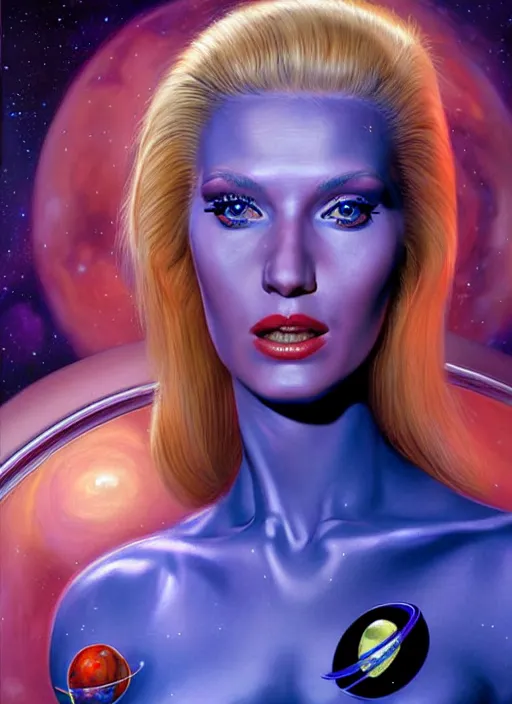 Image similar to portrait of a blonde alien plejaren woman inside a spaceship wearing a space uniform, beautiful face, hyper realistic, highly detailed digital painting by earl norem, artstation illustration co