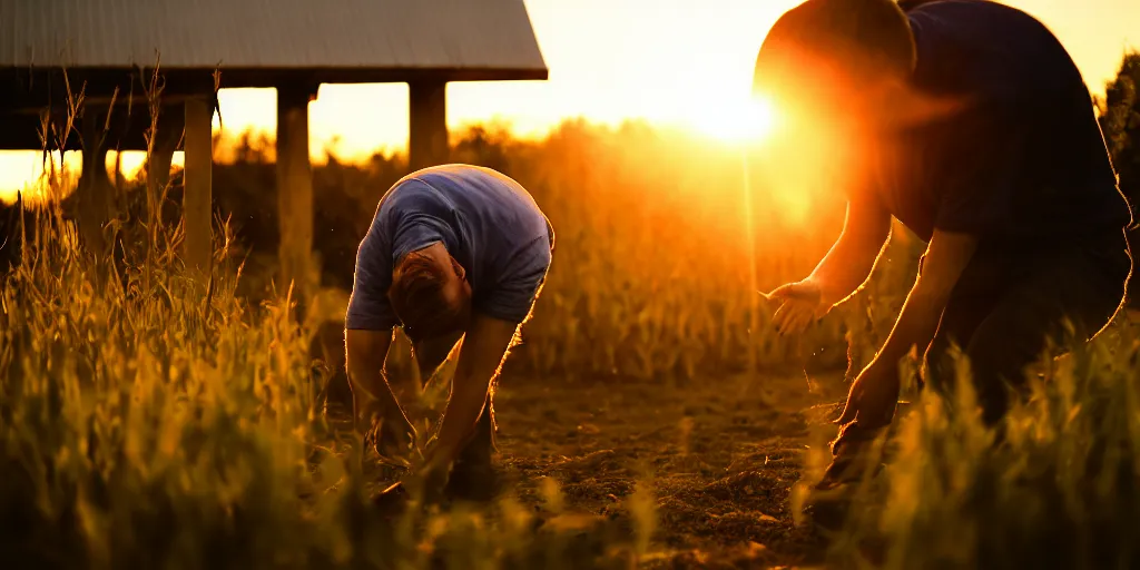 Prompt: the sunset's light beam, tom holand, action pose, outside in a farm, medium close up shot, depth of field, sharp focus, waist up, movie scene, anamorphic,