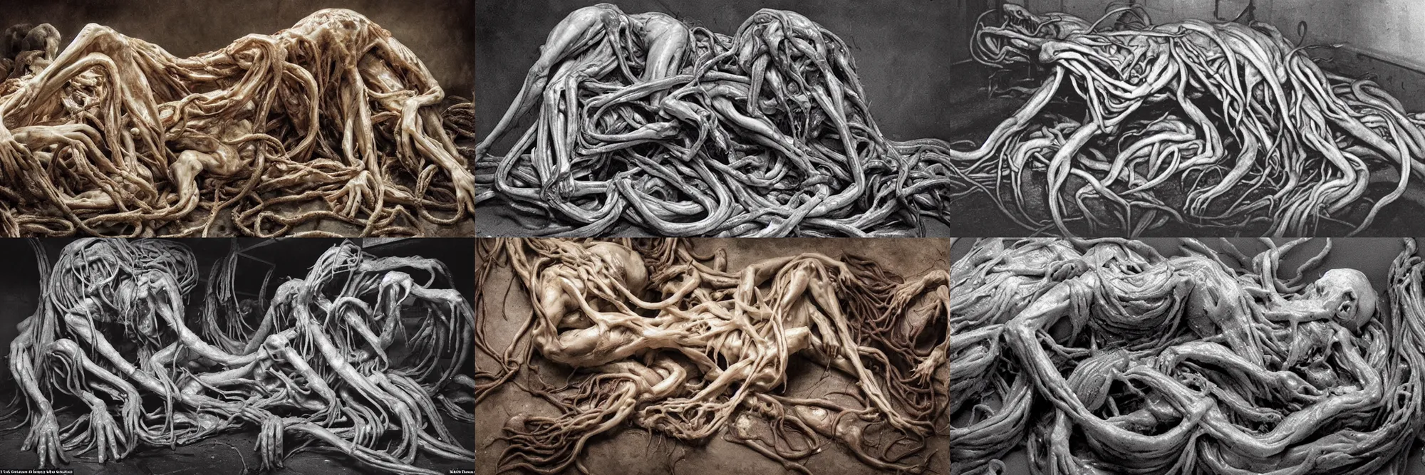 Prompt: an award-winning photo of an eldritch amorphous monster composed of flesh, bones, and tendrils made of writhing muscles and tendons, oozing bodily fluids everywhere while slowly absorbing an animal carcass in a derelict laboratory