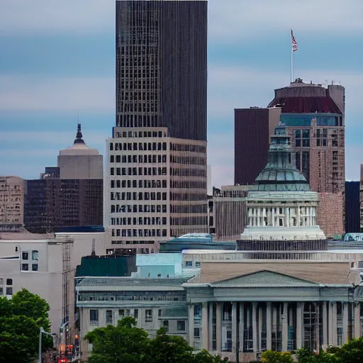 Prompt: madison wisconsin capital being attacked by godzilla ( 1 9 8 9 ) ( eos 5 ds r, iso 1 0 0, f / 8, 1 / 1 2 5, 8 4 mm, postprocessed, bokeh )