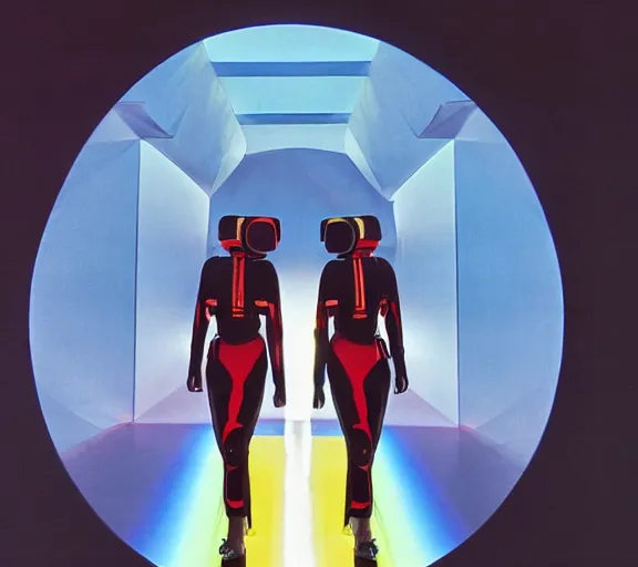 Prompt: two runway models wearing techno visors and red rick owens flight suits with their hands behind their backs inside the glowing geometric rainbow portal to the sixth dimension by frank frazetta h 5 7 6