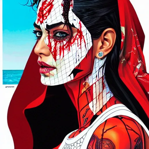 Image similar to a portrait of a saudi woman with side profile blood in ocean intricate details by MARVEL comics and Sandra Chevrier-C