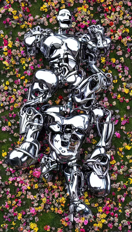 Image similar to destroyed terminator lying in a field of flowers, twisted metal, chrome, reflections, anthropomorphic, photorealism, smoke, metal, 8 k, surreal, wires, smooth, sharp focus, top view, extremely detailed, hyperrealism, elegant, establishing shot, by jeff koons, artgerm and greg rutkowski