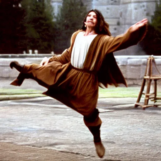 Prompt: a man with long brown hair with a light blue cloak, medieval clothes, kicking in the air, 1 9 9 1, movie still