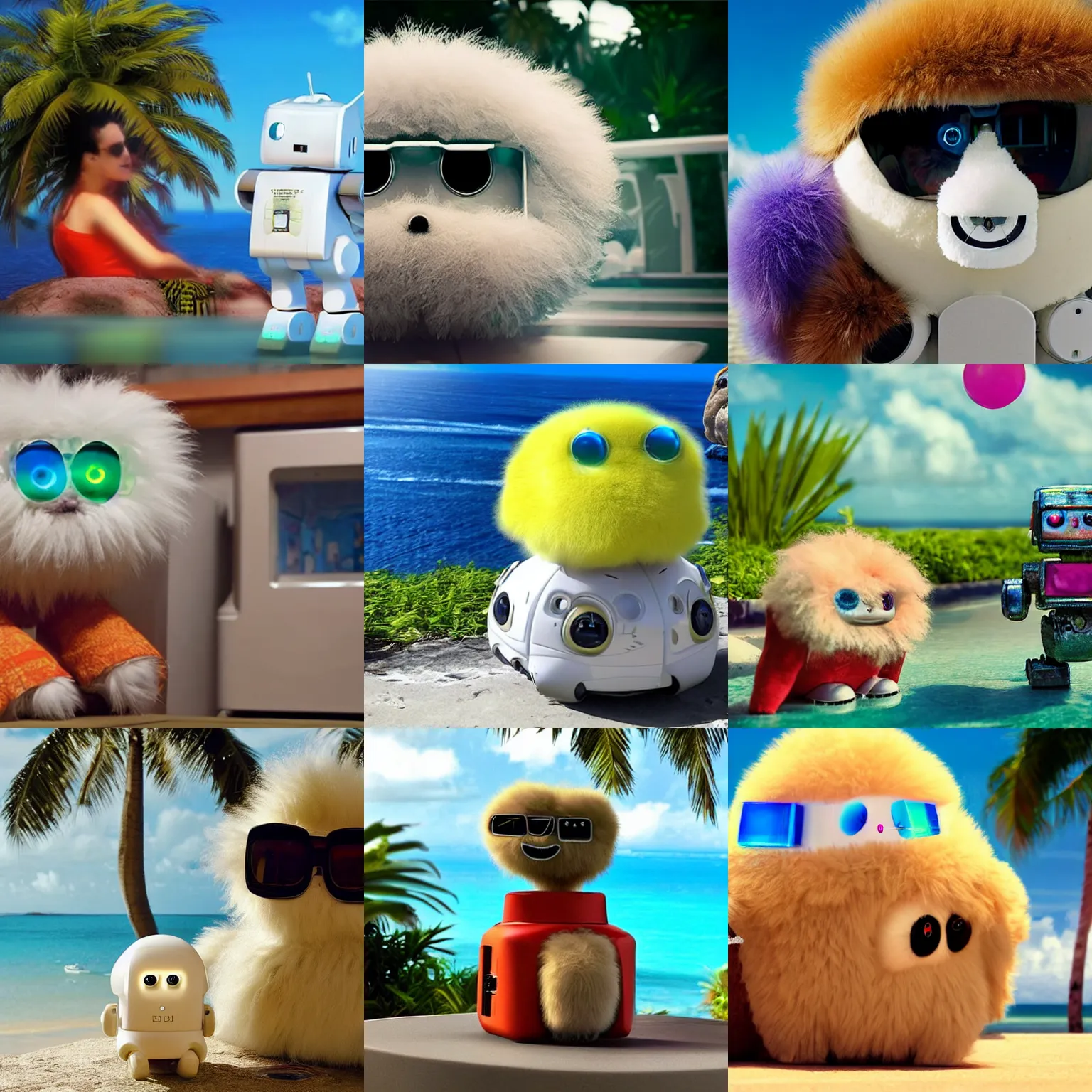 Prompt: <picture quality=hd+ mode='attention grabbing'>A benevolent super intelligent adorable fluffy robot gets high on drugs and attains sentience on a vacation in the Caribbean</picture>