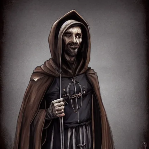 Prompt: 4 0 years old man, skinny, slim : : goatee : : hooded cloak : : medieval city, night, dark, grim, high detail, digital art, rpg, illustration