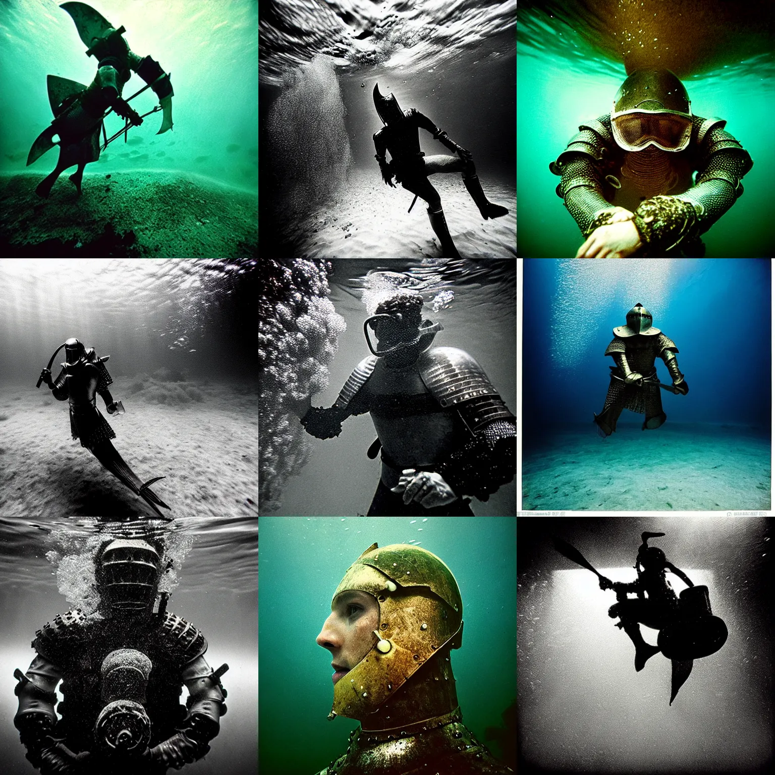 Prompt: Underwater photo of a beautiful medieval knight by Trent Parke, close up, clean, detailed, Magnum photos