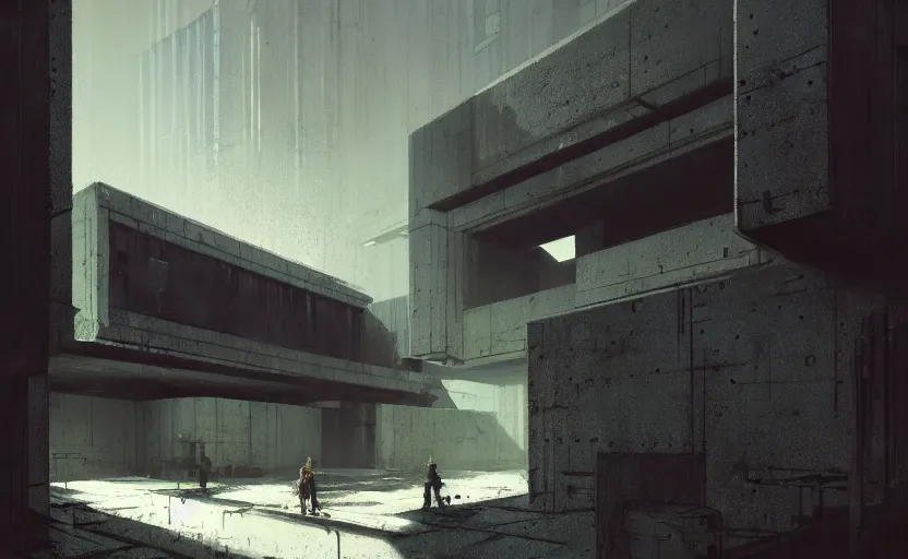 Image similar to An Exterior wide angle shot of a cyberpunk brutalist architecture House with warmly lit windows by Peter zumthor and James Turrell, Greg Rutkowski and Craig Mullins, Dark atmospheric sad and cinematic lighting, Trending on artstation