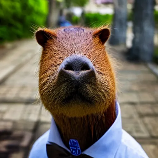 Image similar to capybara head, a man wearing a suit capybara head (smoking cigar)