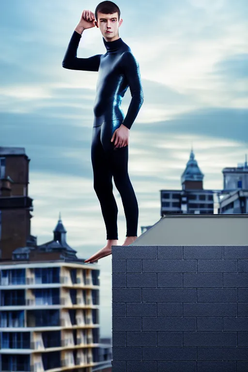 Image similar to un ultra high definition studio quality photographic art portrait of a young man standing on the rooftop of a british apartment building wearing soft padded silver pearlescent clothing. three point light. extremely detailed. golden ratio, ray tracing, volumetric light, shallow depth of field. set dressed.