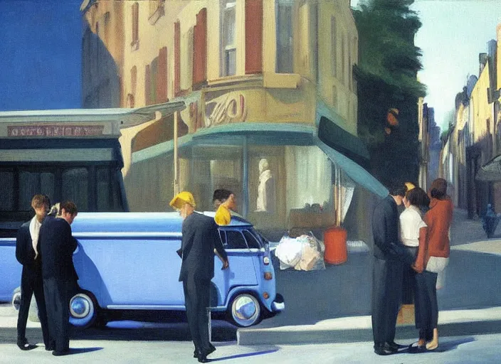 Image similar to painting, two young men and women near blue vw bus on paris street, by edward hopper, bernardo bertolucci dreamers movie scene