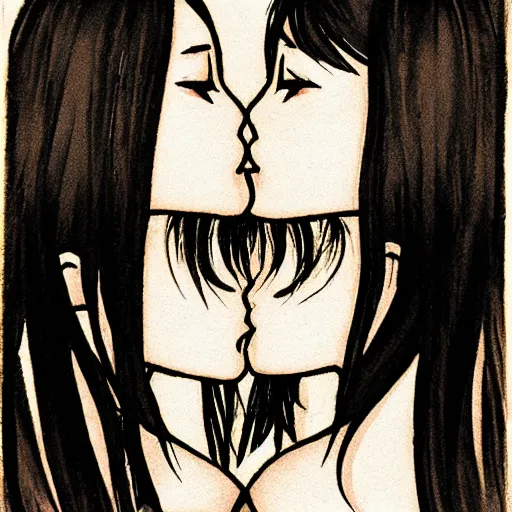 Image similar to portrait of two girls kissing, detailed manga art