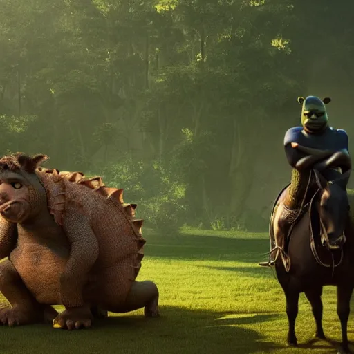 Image similar to Kanye West riding an ((aligator)), next to ((Shrek)), splash art, movie still, cinematic lighting, dramatic, octane render, long lens, shallow depth of field, bokeh, anamorphic lens flare, 8k, hyper detailed, 35mm film grain