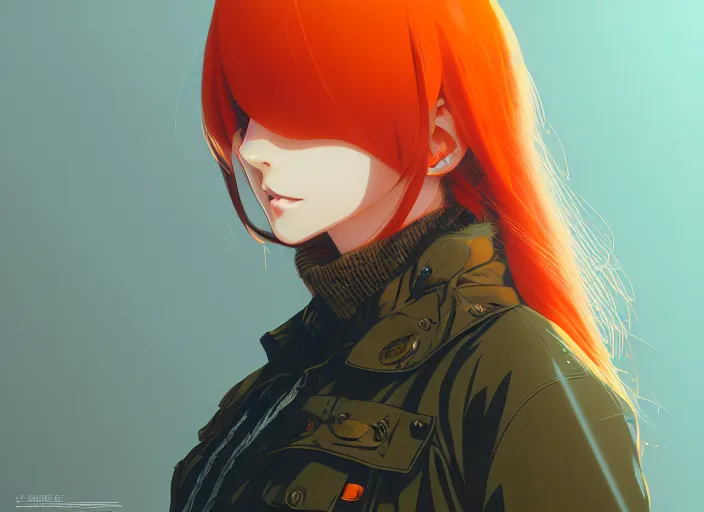 Image similar to anime girl with orange hair in the Soviet pioneer form, manga,katsura masakazu, intricate, detailed, studio lighting, gradation,editorial illustration, matte print, Ilya Kuvshinov, concept art, digital