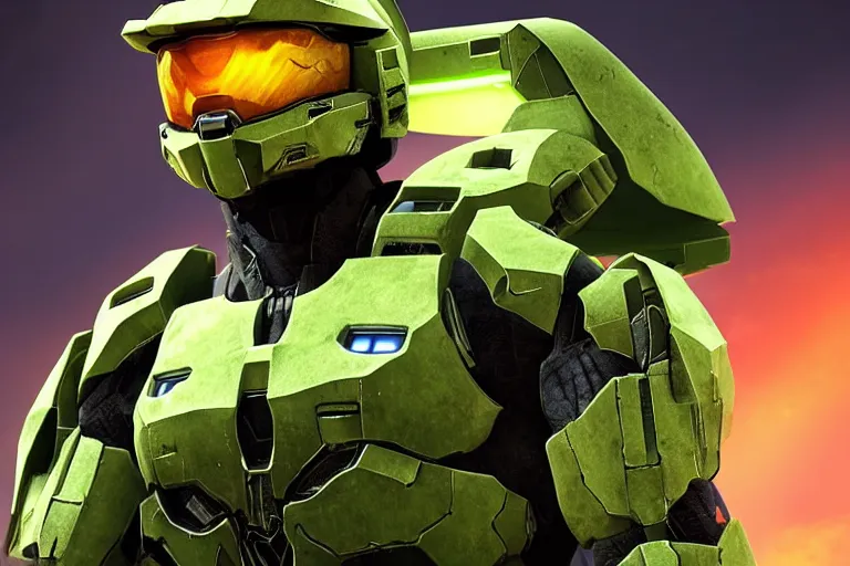 Image similar to halo master chief with a new neon rgb suit, photorealistic, 8 k, cinematic