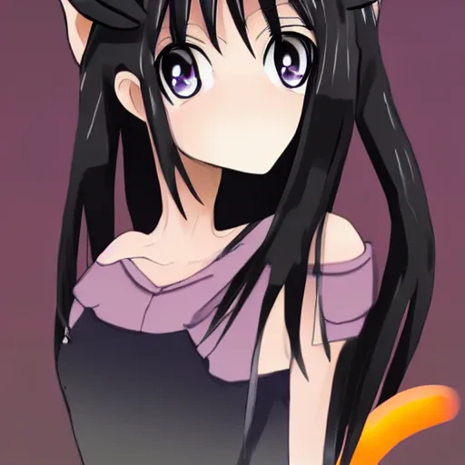 Prompt: cute anime girl with dark skin, black hair, wolf ears and glowing orange eyes