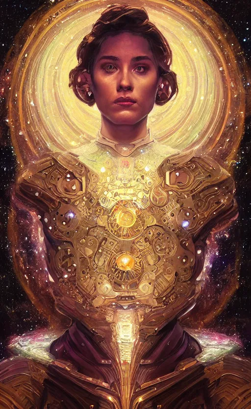 Image similar to portrait of a cosmic god, suit made out of stars and galaxies and cosmic energy, intricate, headshot, highly detailed, digital painting, artstation, concept art, sharp focus, cinematic lighting, illustration, art by artgerm and greg rutkowski, alphonse mucha, cgsociety