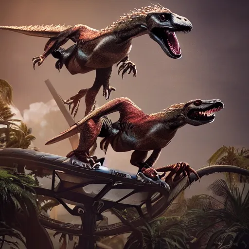 Image similar to velociraptors riding on tea cup ride, photorealistic, high resolution, vray, hdr, hyper detailed, insane details, intricate, elite, ornate, elegant, luxury, dramatic lighting, octane render, weta digital, micro details, 3 d sculpture