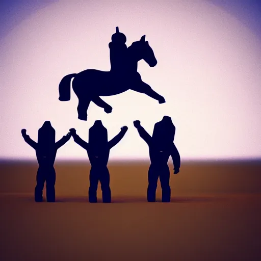 Image similar to an astronaut standing on the ground and a small trippy aggressive centaur standing on that poor human being standing on all fours astronaut raising his arms up, really trying to ride it, the horse is on his shoulders and grabbing them, minimalist style, 3 d render, isometry