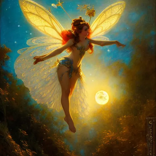 Image similar to attractive fairy queen fly high in the night, fantasy, full moon in background. hyper detailed painting by gaston bussiere, craig mullins, j. c. leyendecker, mid shot, 8 k, cryengone, cinematic lighting, beautiful,