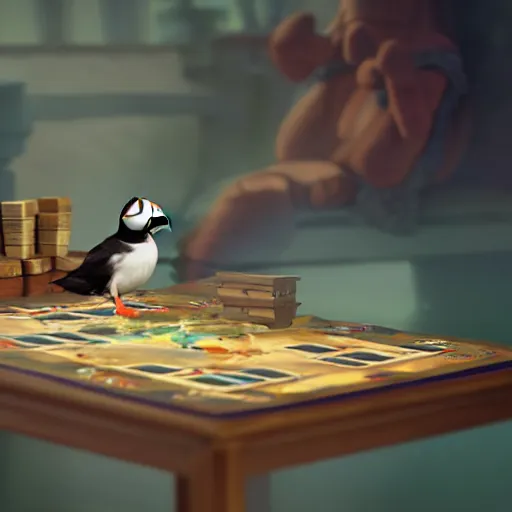 Image similar to puffin playing board game, cinematic, cinematic lighting, trending on Artstation, Cgsociety, detailed, 4k, very realistic