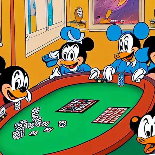 Image similar to ducks are playing poker, poker table is in outer space, walt disney comics style