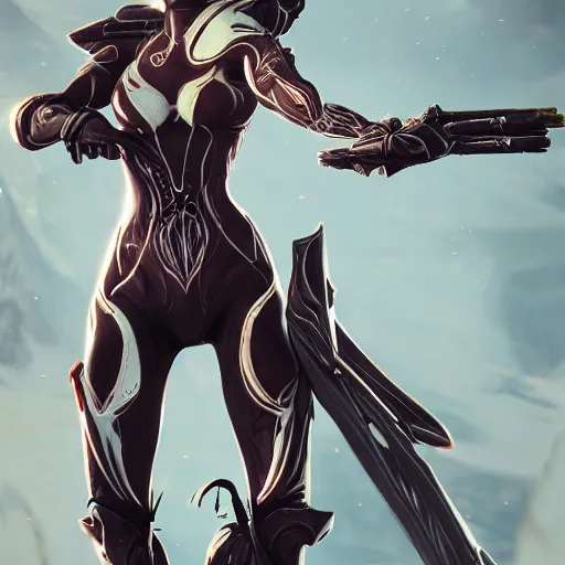 Prompt: highly detailed exquisite fanart, of female warframe, elegant pose, holding a kitgun, epic cinematic shot, DeviantArt, high quality artstation