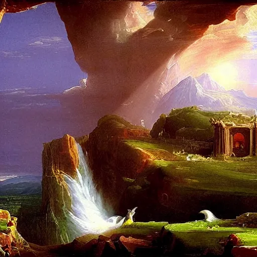 Image similar to - g the home of the gods in the sky, by painter thomas cole