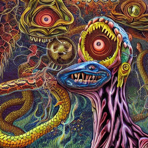 Image similar to a hyper - detailed high painting of giant heads joined by snakes, the heads are open they have spiked scales and sharp teeth, the mouth is open and monstrous beings of all kinds run and scream, psychedelic horror surreal art cosmic horror weird bizarre art