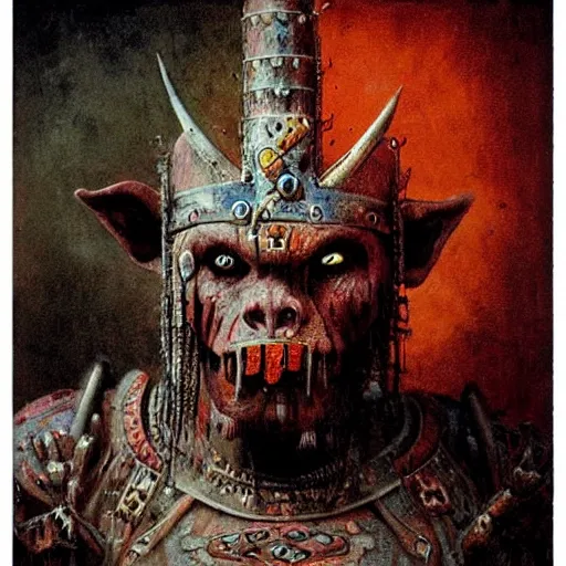 Image similar to feral orc warrior, aztec armor, beksinski