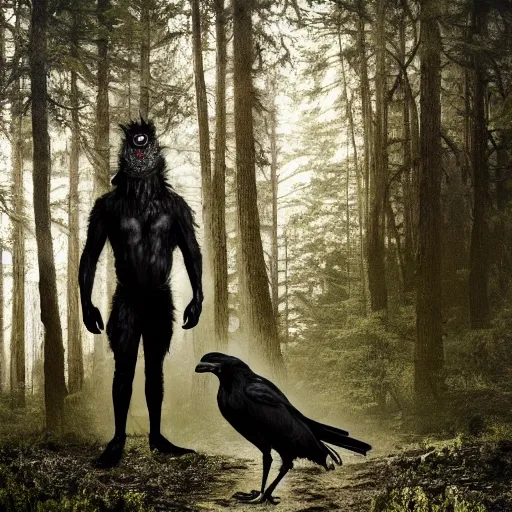 Prompt: werecreature consisting of human and crow, photograph captured in a forest