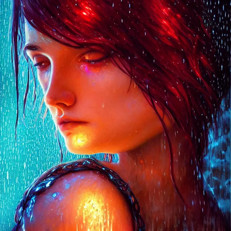 Image similar to bright asthetic portrait LSD glowing backlit rain on face and wet hair, fantasy, intricate, elegant, dramatic lighting, highly detailed, lifelike, photorealistic, digital painting, artstation, illustration, concept art, smooth, sharp focus, art by John Collier and Albert Aublet and Krenz Cushart and Artem Demura and Alphonse Mucha