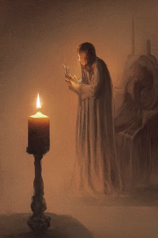 Prompt: Candle in the middle of the room, horror, illustrated by Greg Rutkowski and Caspar David Friedrich., Trending on artstation, artstationHD, artstationHQ, 4k, 8k