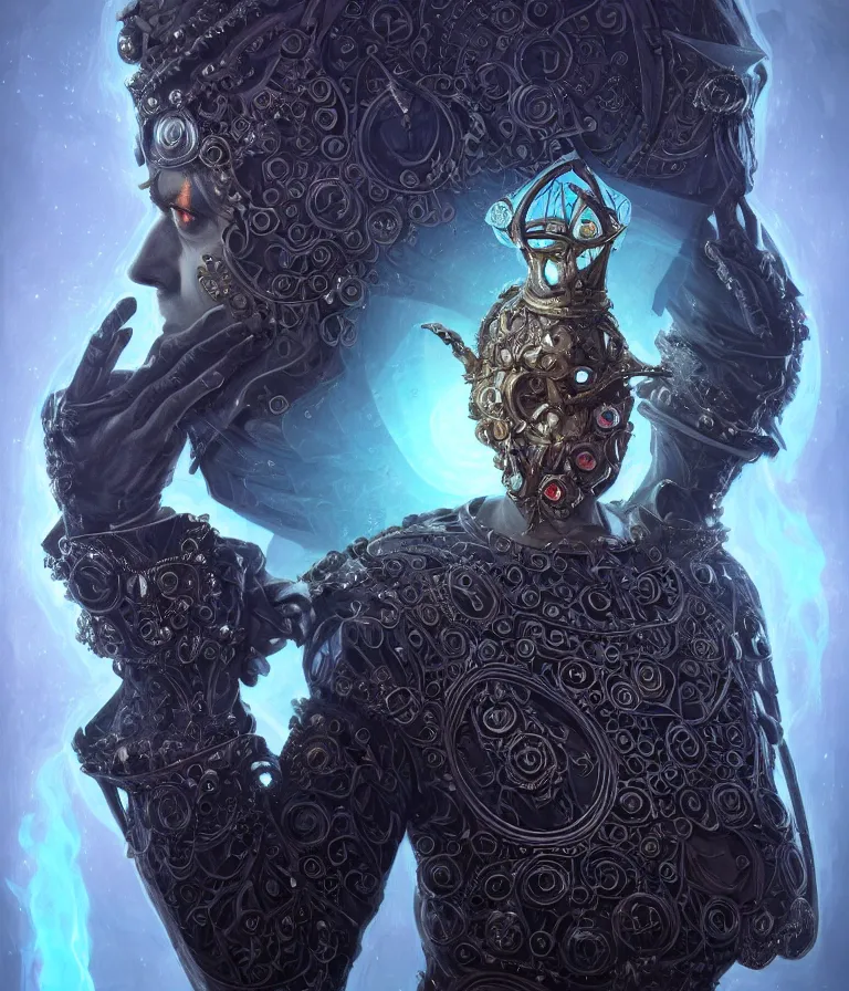 Image similar to front!!! shot of a court jester!!! character, hyperdimensional, bioluminescent hypercubes, dark holography!!!, future, chrome, (((intricate))), elegant, highly detailed, centered, (((artstation, concept art, smooth, sharp focus, artgerm, Tomasz Alen Kopera, Peter Mohrbacher, donato giancola, Joseph Christian Leyendecker, WLOP, Boris Vallejo))), ((raytracing)), mugshot!!!!!, ugly!!!!!!, octane render, nvidia raytracing demo, octane render, nvidia raytracing demo, octane render, nvidia raytracing demo, grainy, muted, 8K, digitalblasphemy, metatron