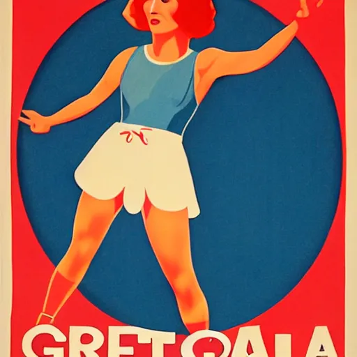 Prompt: a 1 9 2 8 colorful poster. happy, healthy, beautiful, smiling, sporty, glowing greta garbo in decent swim wear.